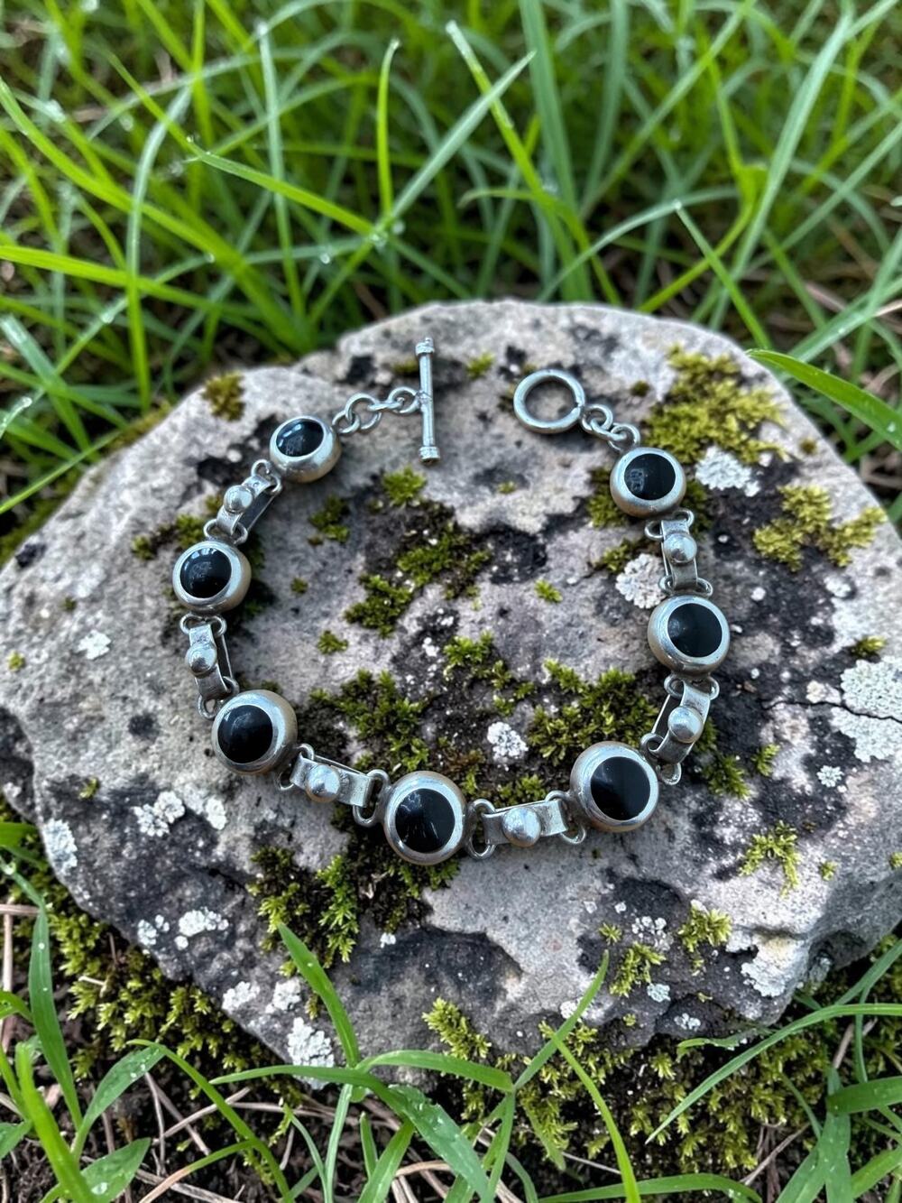 Vintage Mexican Sterling Silver Bracelet with Black Onyx Cabochons, Women's Jewe